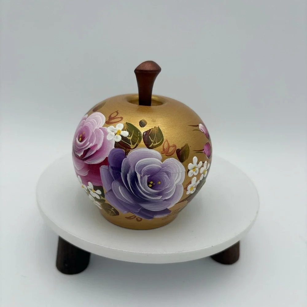 Hand-Painted Wooden Apple Trinket Dish Gold‎ Shimmer
